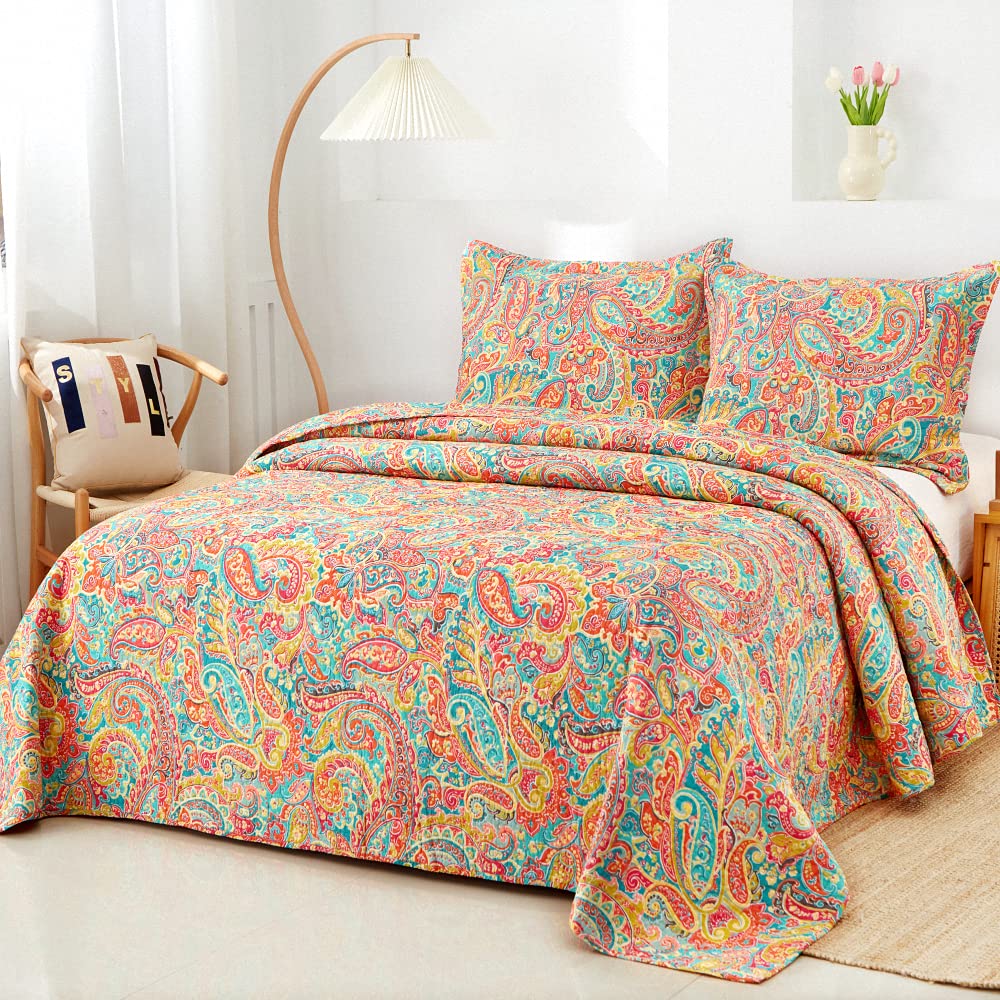 Paisley Quilt King Size, Soft Cotton Bedspread with 2 Shams, Lightweight Reversible Quilted Coverlet All Season