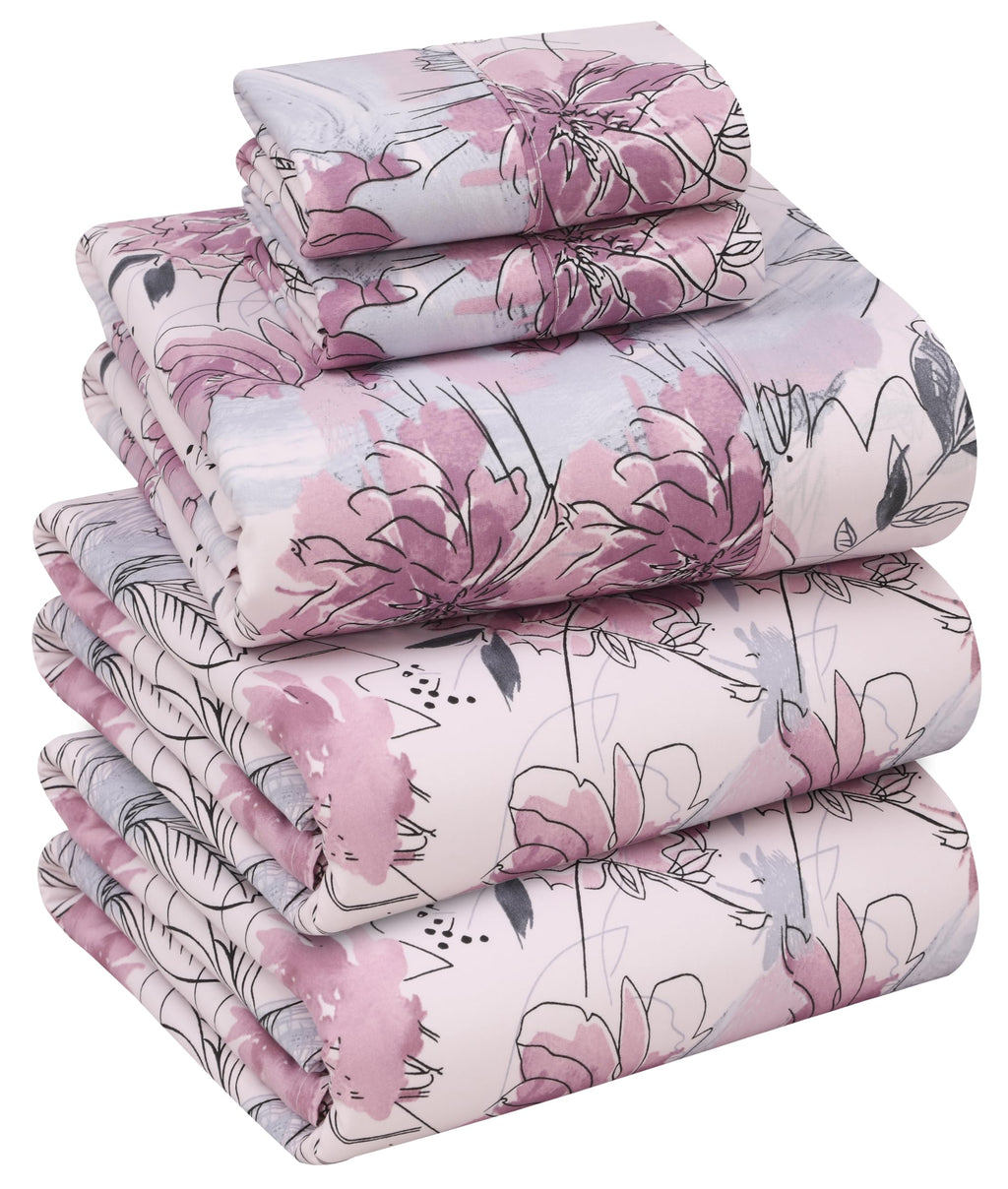 100% Cotton Split King Sheets, Percale Sheet Set, Lilac Floral