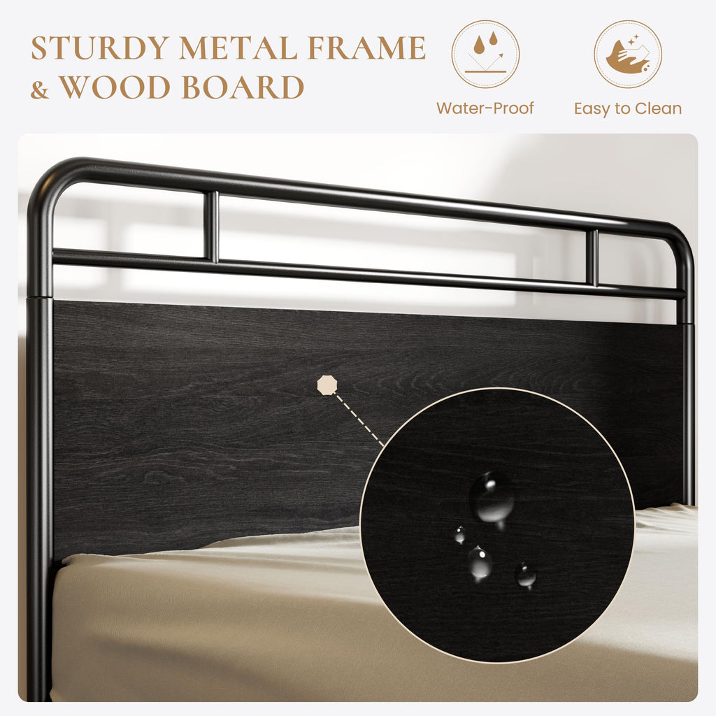 Bed Frame with Vintage Industrial Wood Headboard, Heavy Duty Metal Platform with 12" Under-Bed Storage