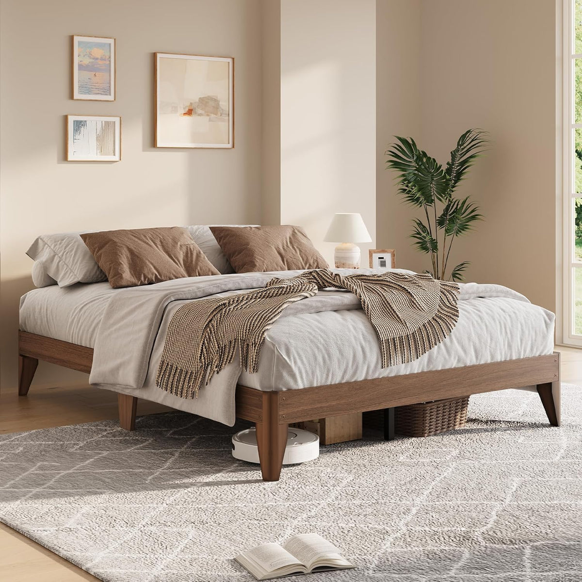Wood Platform Bed Frame Queen, Solid Wooden Legs and Wooden Slats Support, Sturdy Metal Central Structure, No Box
