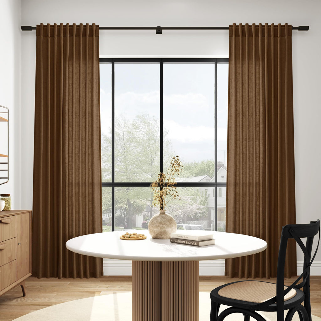Tobacco Brown Linen Curtains 102 Inches Rod Pocket Back Tab Drapes 2 Panels Set Bedroom Light Filtering Semi Sheer