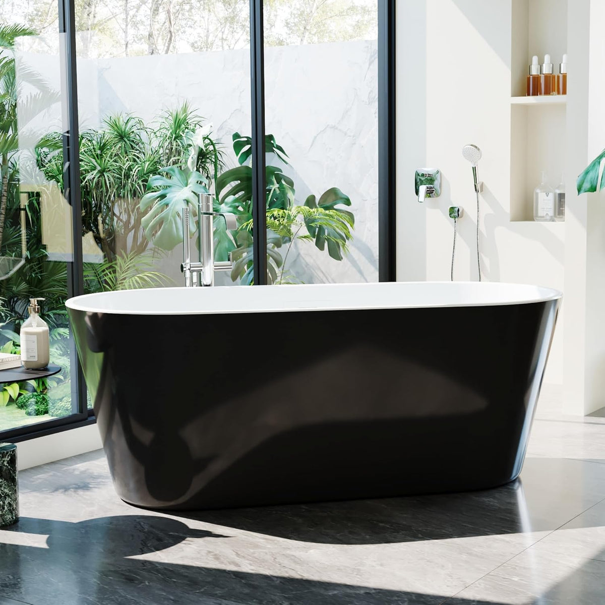 59 Inch Freestanding Bathtub, Acrylic, Deep Soaking Tub with Non-Slip Base, Modern Black Free Standing Tub for Bathrooms, cUPC Certified with Chrome Drain