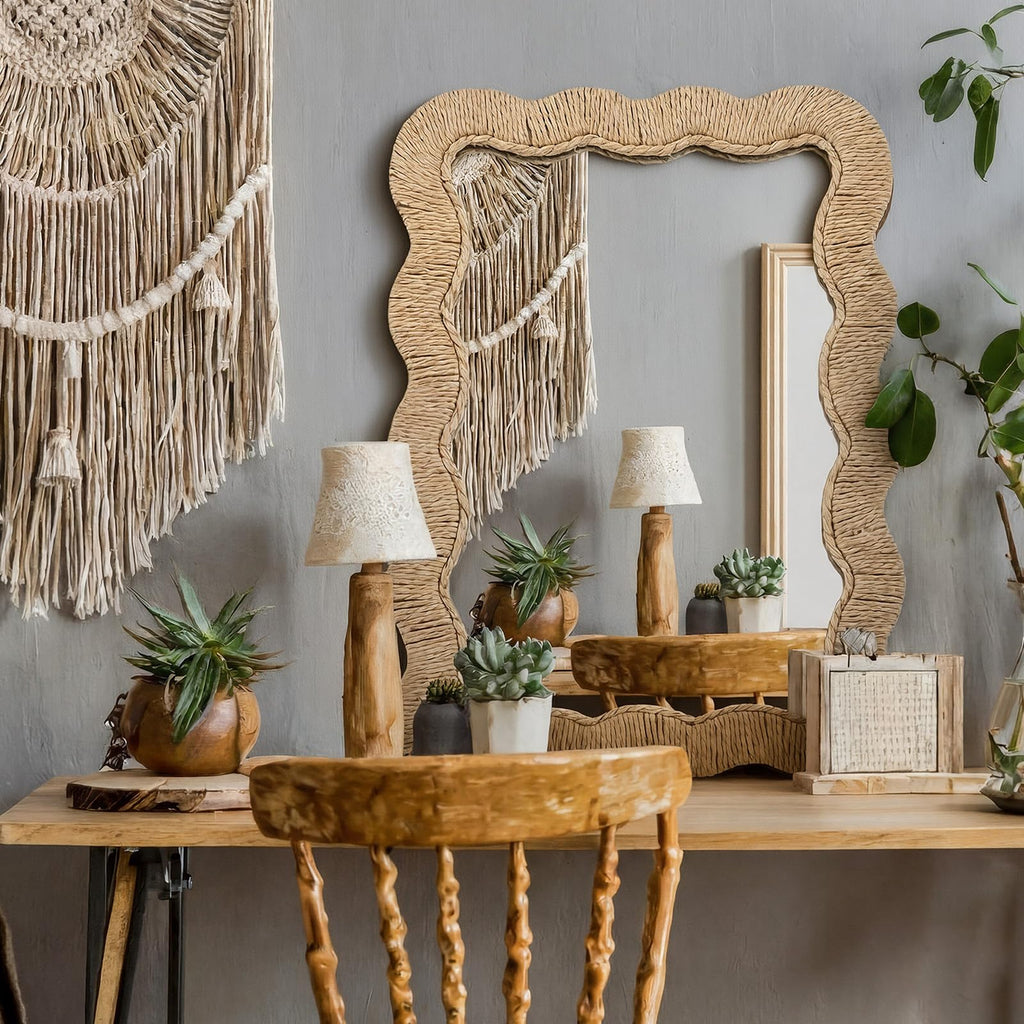 Boho Rattan Mirror, Rectangle, 10.4 x 15.8 in