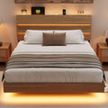 Bed Frame Queen Size with Charging Station, Led Bed Frame with Wood Storage Headboard, Heavy Duty Metal Slats, No Box