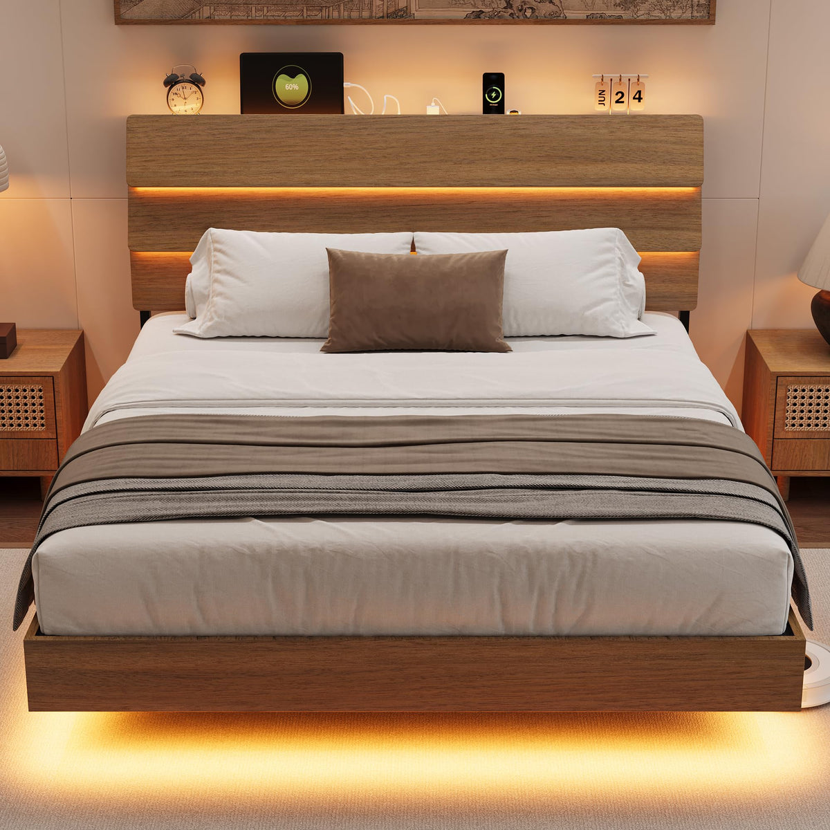 Bed Frame Queen Size with Charging Station, Led Bed Frame with Wood Storage Headboard, Heavy Duty Metal Slats, No Box