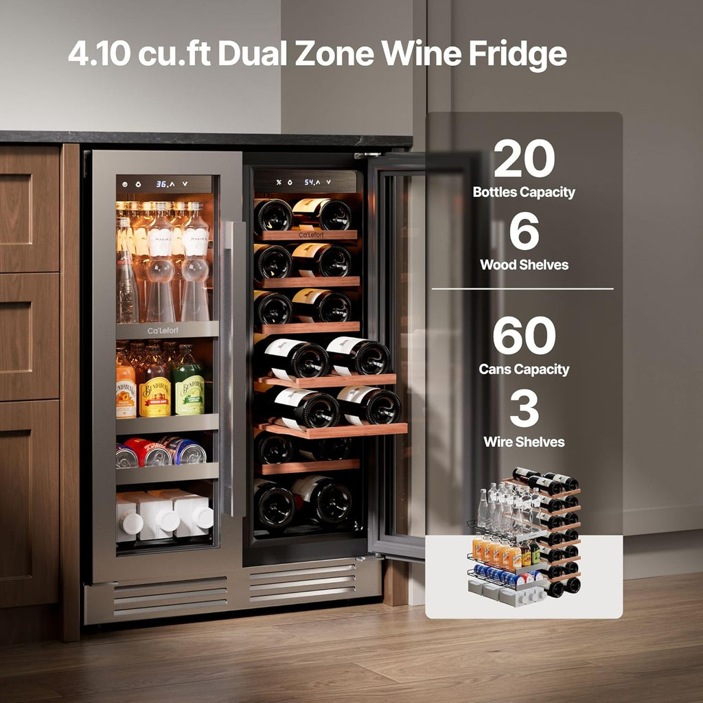 24 Inch Wine and Beverage Refrigerator, 60 Cans 20 Bottles Dual Zone Cooler with Glass Door, 3 LED Built