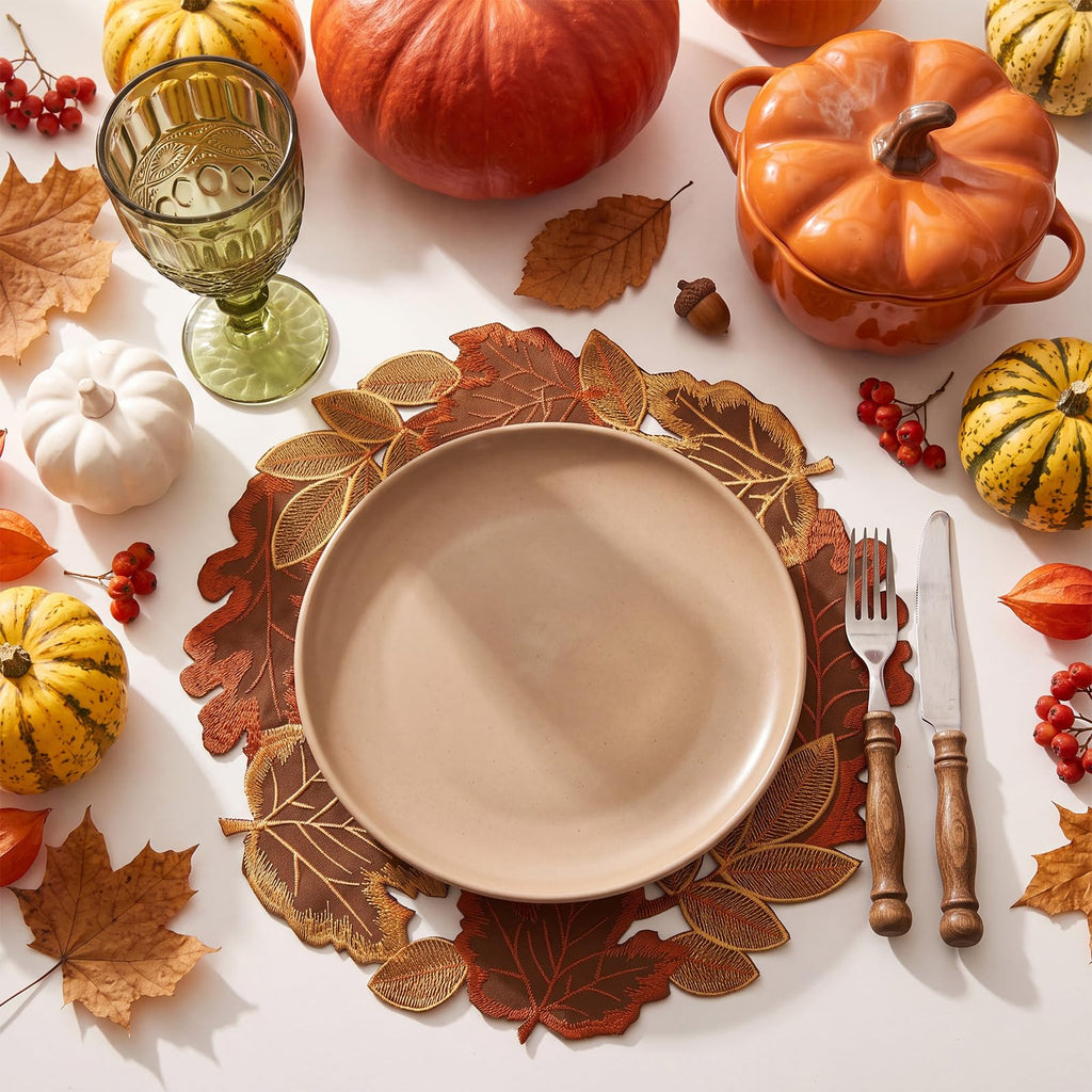 12 Pcs Fall Thanksgiving Placemats, Maple Leaves Embroidered Mats