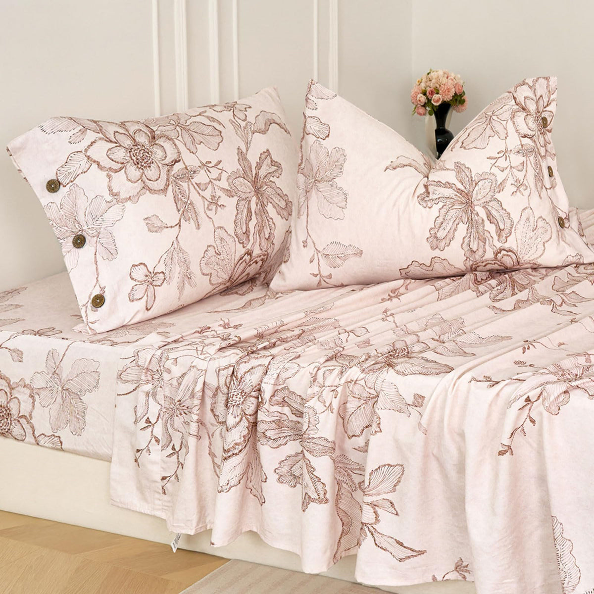 Sheets Pink Floral Sheet Set 400TC 100% Cotton Flannel-Like Warm Luxury Bed Sheet Set 4Pcs, Button Closure