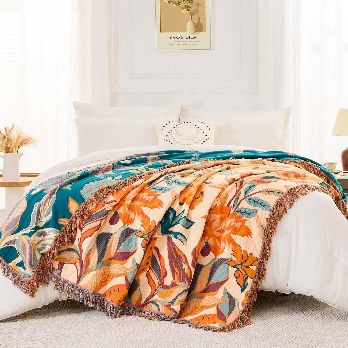 Boho Throw Blanket for Bed, 100% Cotton Soft Rustic Quilt Fall Blanket, 90"x98" Floral Printed Farmhouse Decor Bed