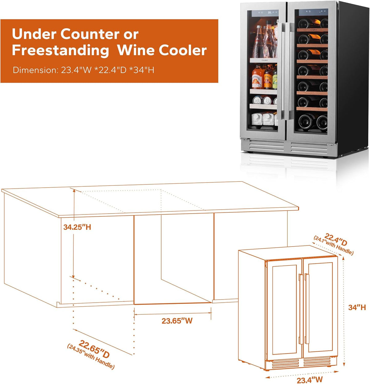 24 Inch Wine and Beverage Refrigerator - Panel Ready Fridge, 60 Can & 20 Bottle Dual Zone Wine Fridge 36-72°F