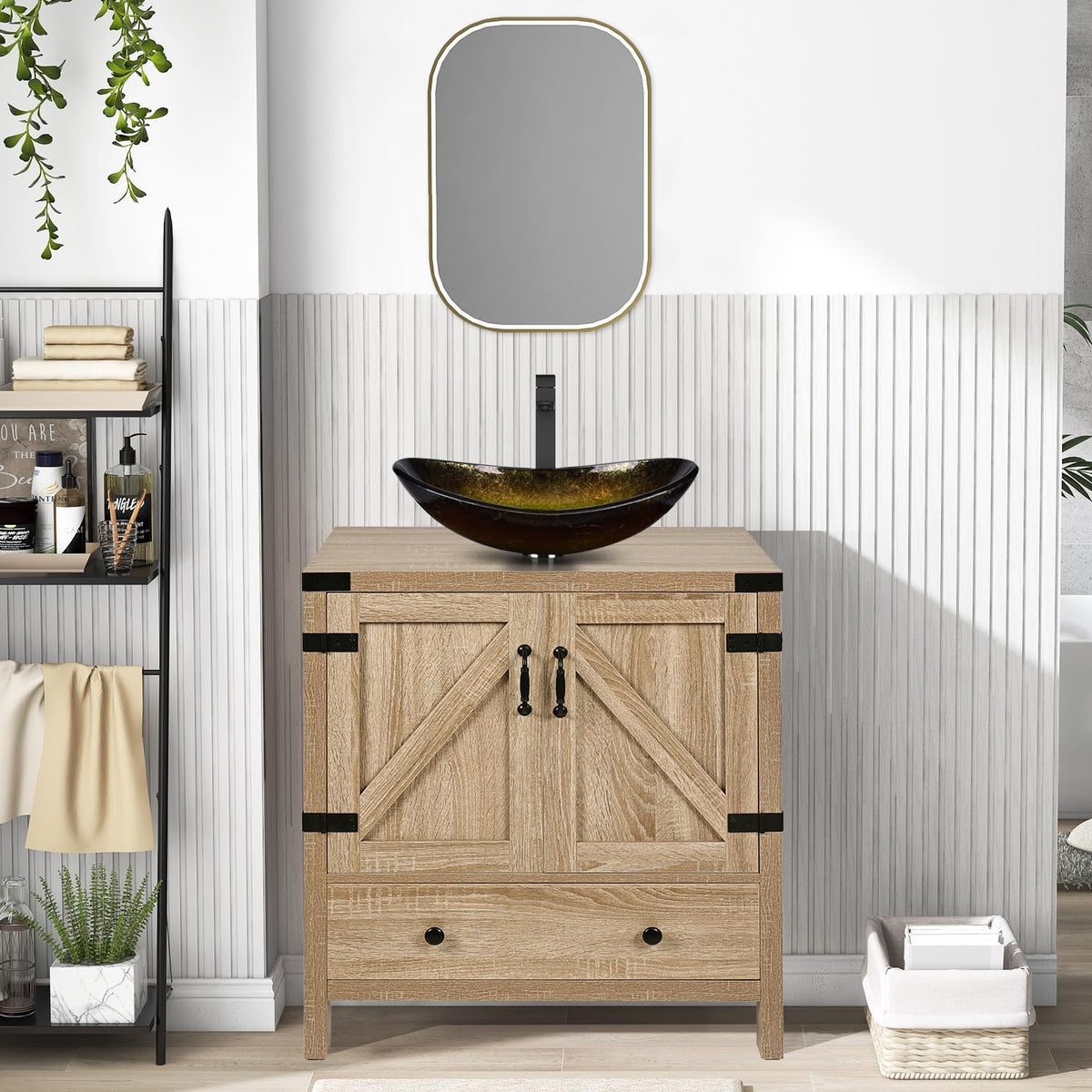 28 inch Natural Color Bathroom Vanity, Rustic Fixture Standing Pedestal Cabinet with Gold Boat Vessel Sink
