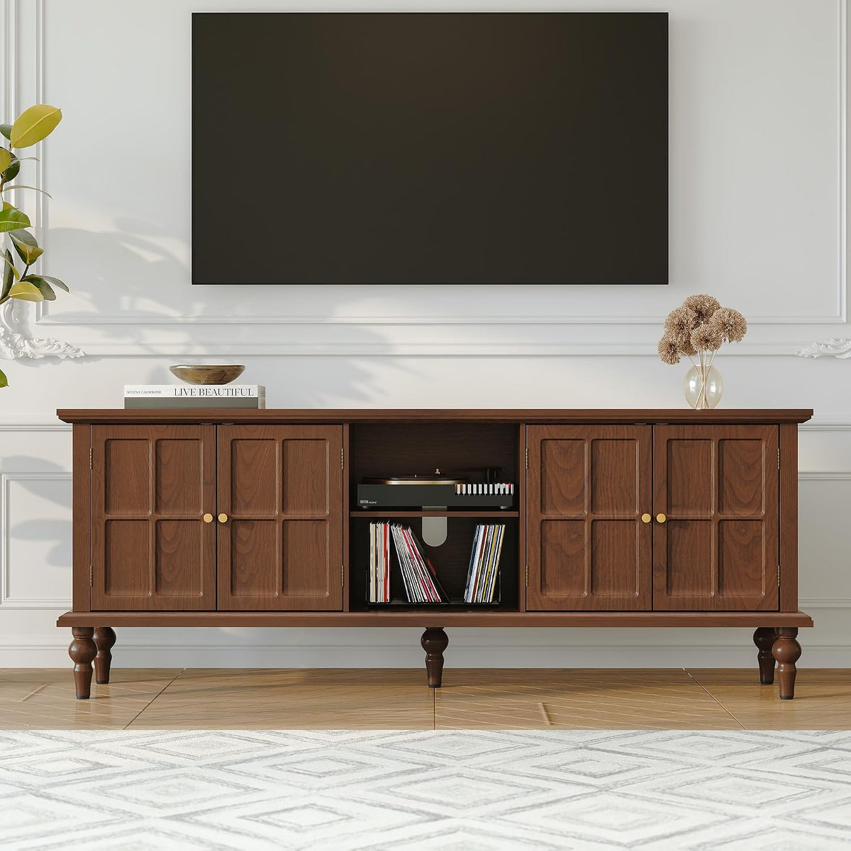 67" Mid Century Modern TV Stand with Window Design,Wood Entertainment Center with Open Shelf,Up to 70" Media TV for Living Room or Bedroom,Walnut