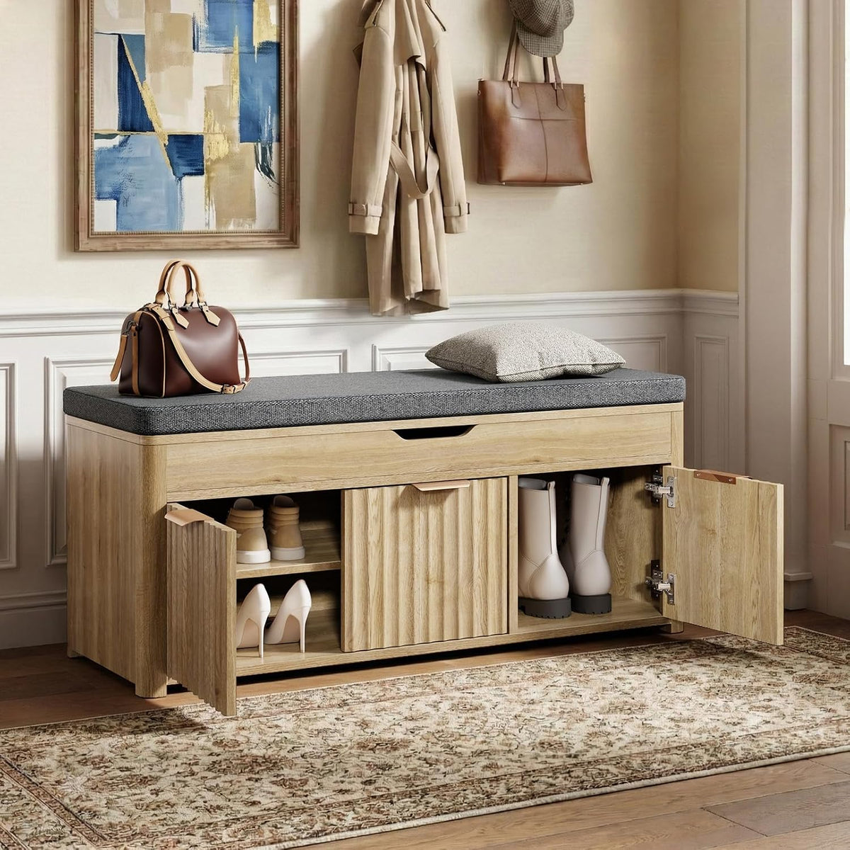37.4" W Shoe Bench with Storage, Lift Top Entryway Bench, Natural | 2-Tier Adjustable Shoe Rack with Cushioned Seat