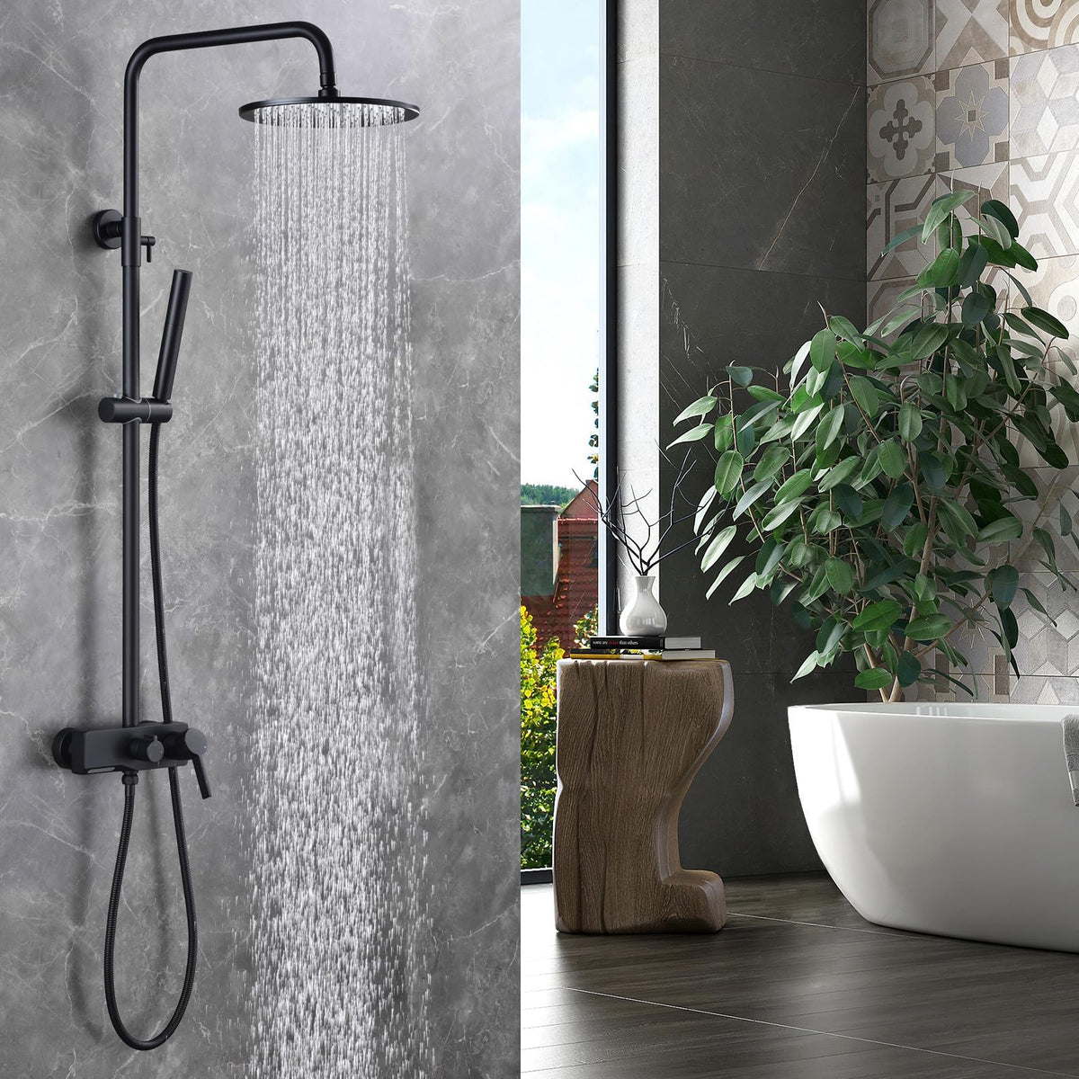 Matte Black Exposed Shower System with 2 Modes HandHeld,3 Functions Tub Shower Faucet Sets with Brass Valve, Shower