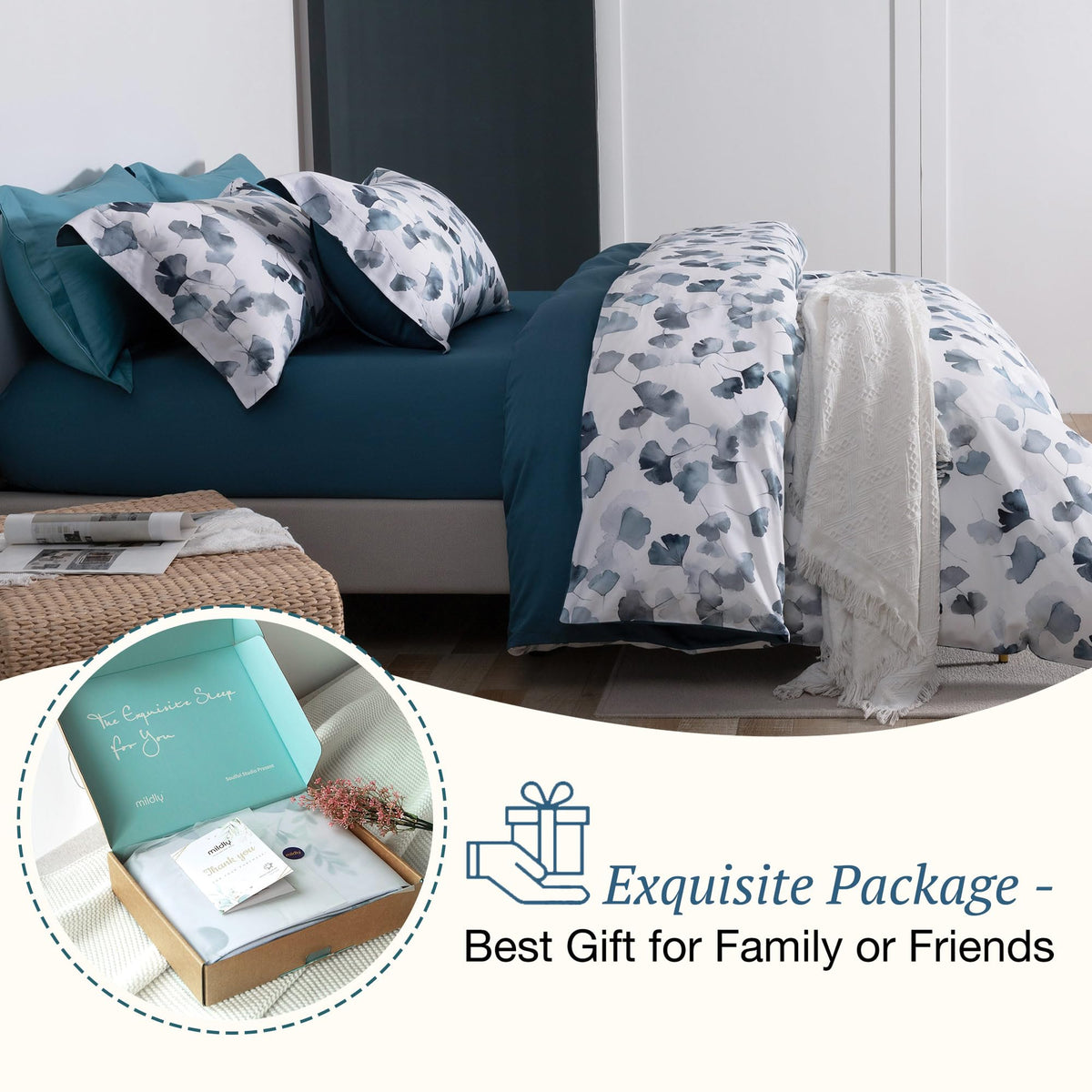100% Long-Staple Cotton Duvet Cover Set Light Navy Ginkgo Leaf Pattern Printed Comforter Cover 3pcs, Ultra Soft &