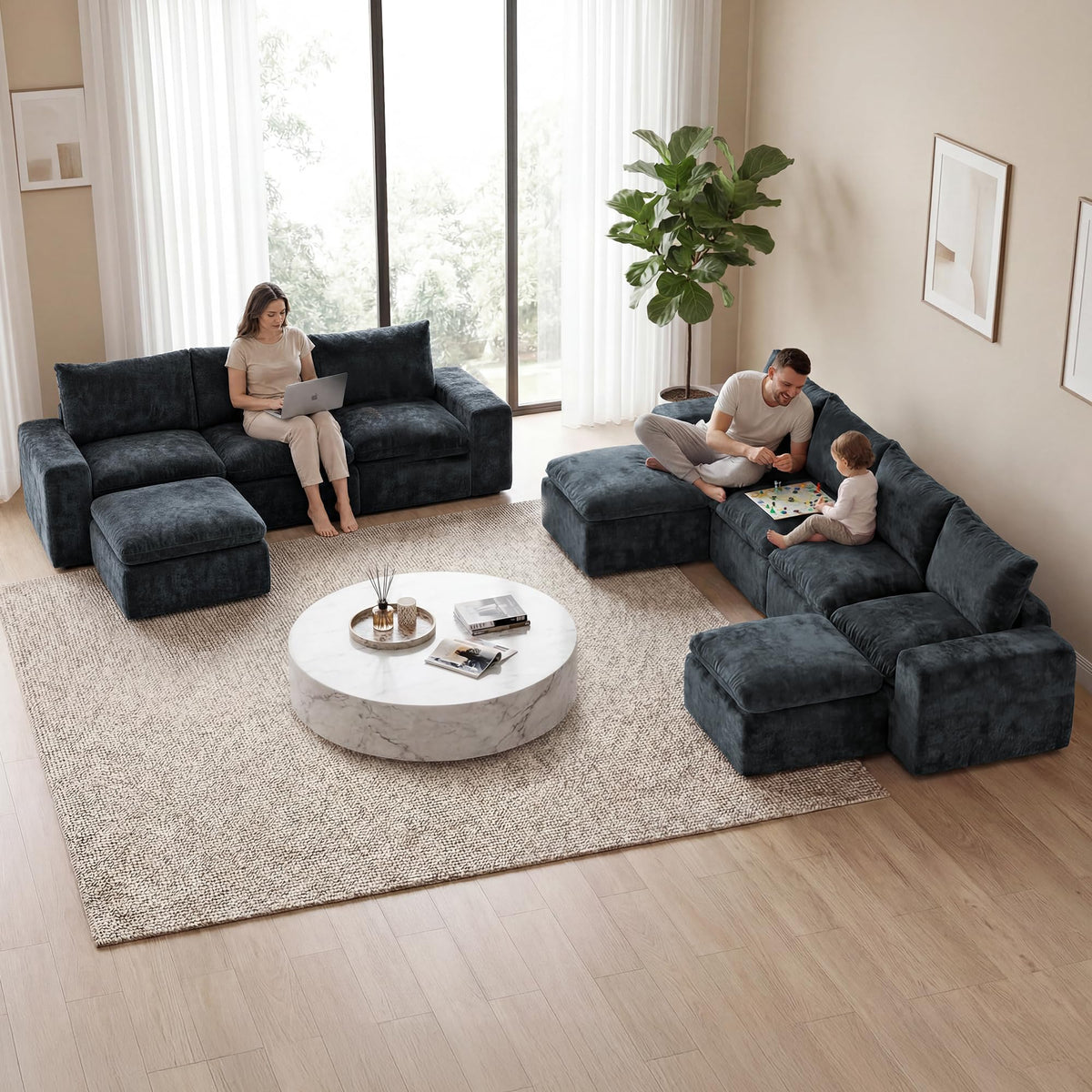157" U Shaped Modular Sectional Sofa, 10 Seat Cloud Couch, Grey