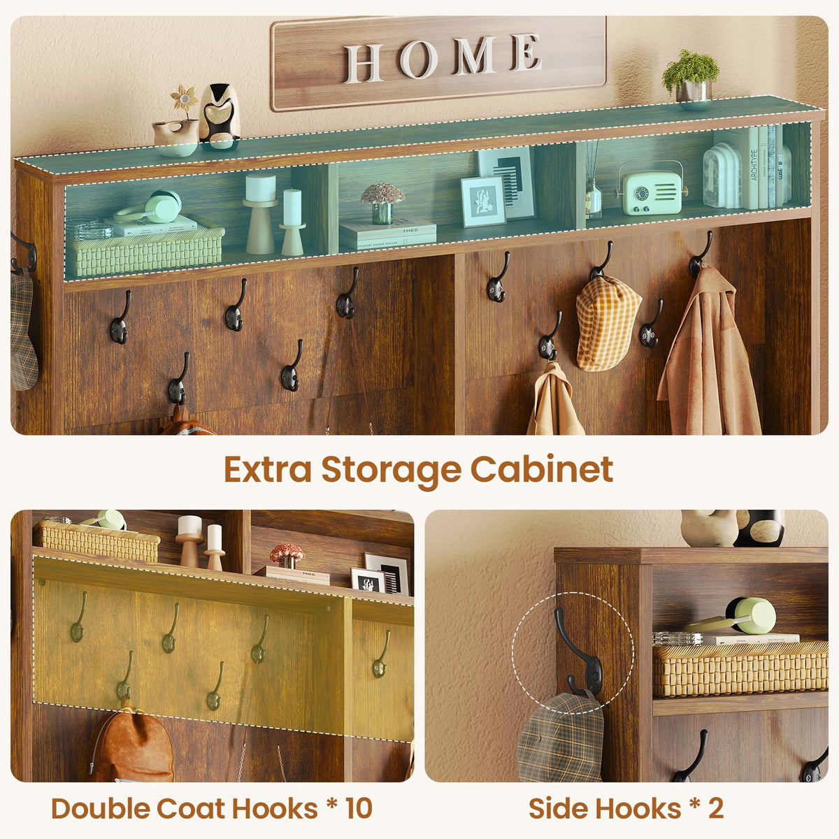 Hall Tree with Bench and Shoe Storage, 5-in-1 Entryway Bench with Coat Rack, 16 Shoe Cubbies & 12 Coat Hooks, Barn