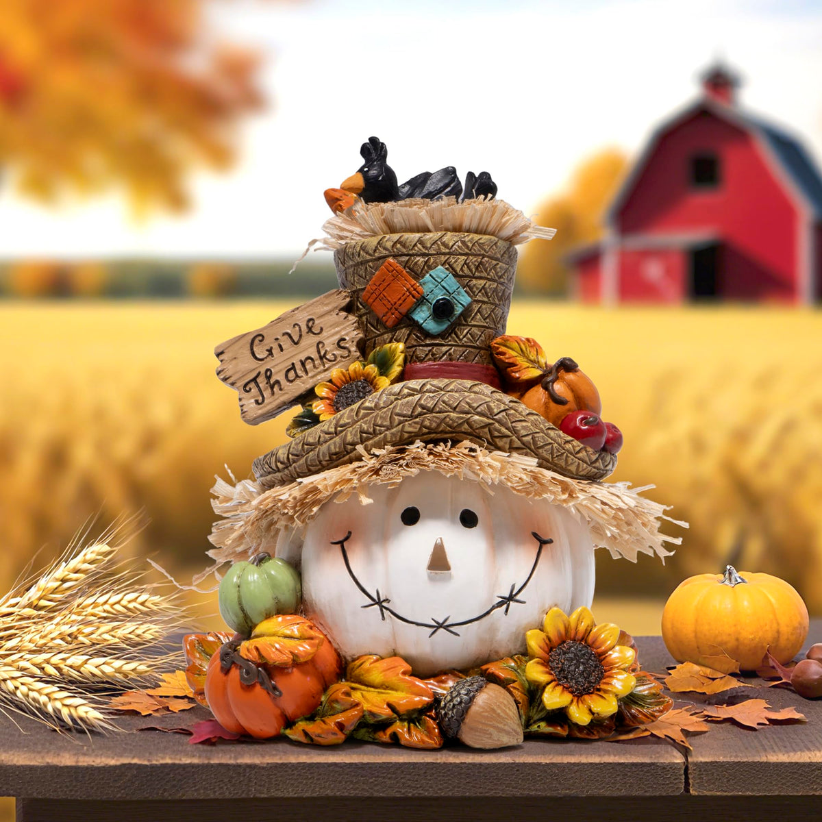 Thanksgiving Pumpkin Decorations, Resin Fall Autumn Figurine with Straw Hat, Birds, Acorns & Sunflowers, Give Thanks