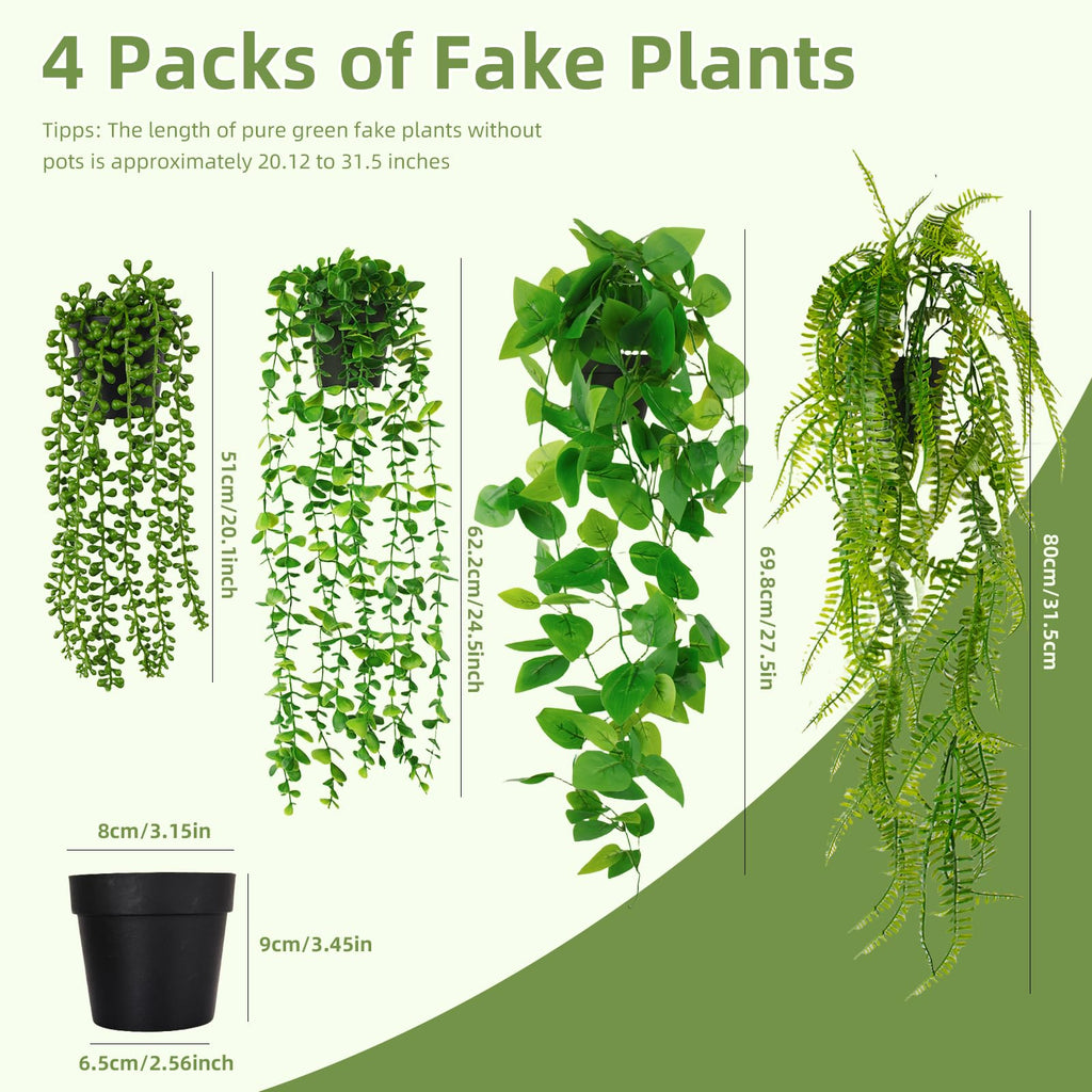 Fake Plants 4 Pack Artificial Hanging Plants Fake Potted Greenery