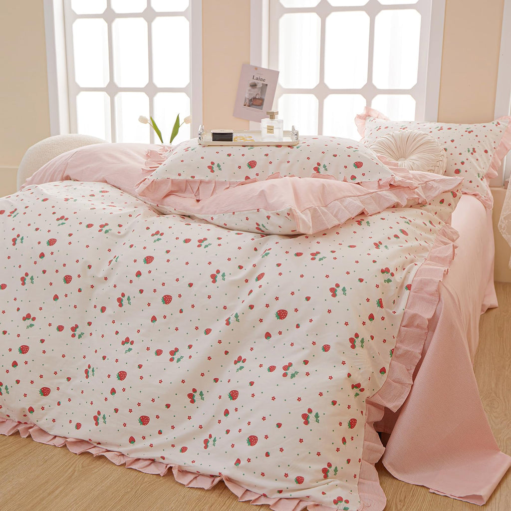 Comforter Set Strawberry Print Bedding Comforter Ruffled Lace Bedding Set Fluffy Fruit Comforters Pink Stripes