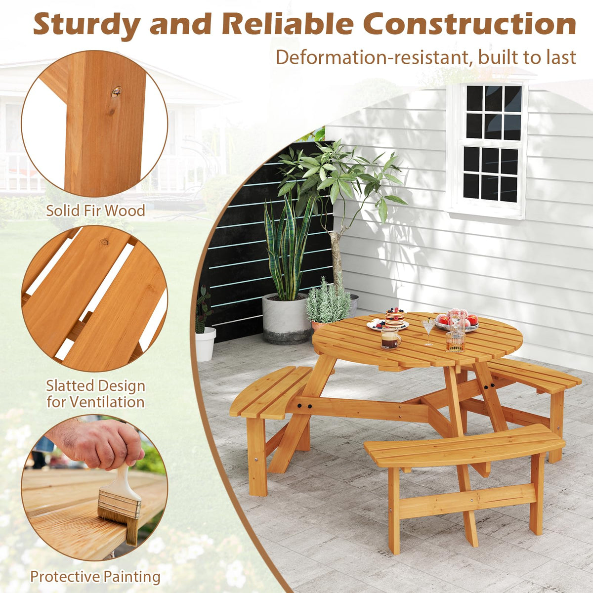 6-Person Round Picnic Table Set with 3 Benches, 550 LBS Bench Capacity, 2" Umbrella Hole, Circular Outdoor Wood
