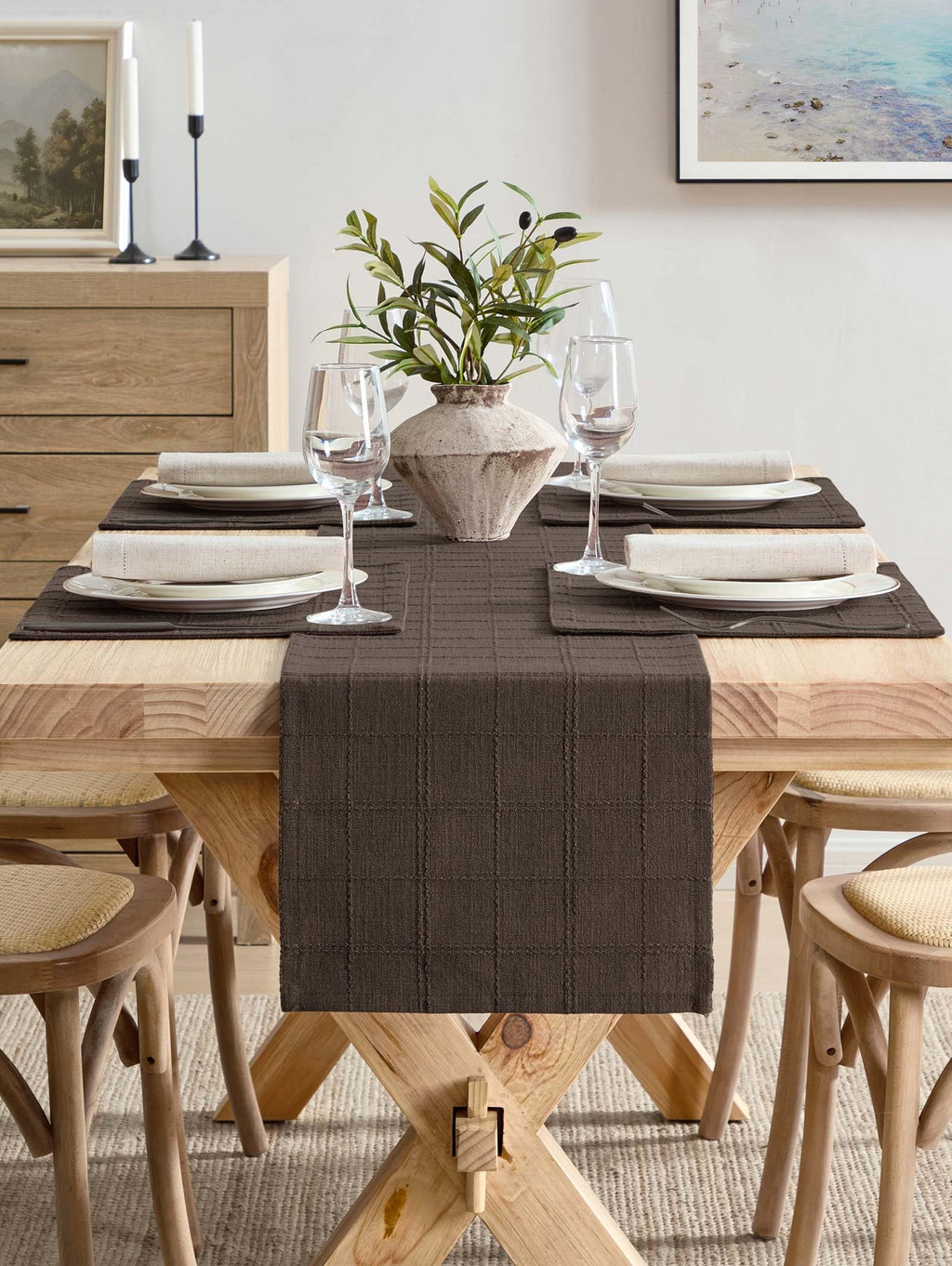 Linen Checked Farmhouse Placemats Set of 6, Chocolate 13x19in