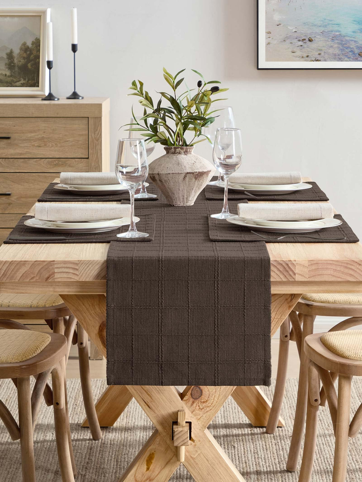 Linen Checked Farmhouse Placemats Set of 6, Chocolate 13x19in