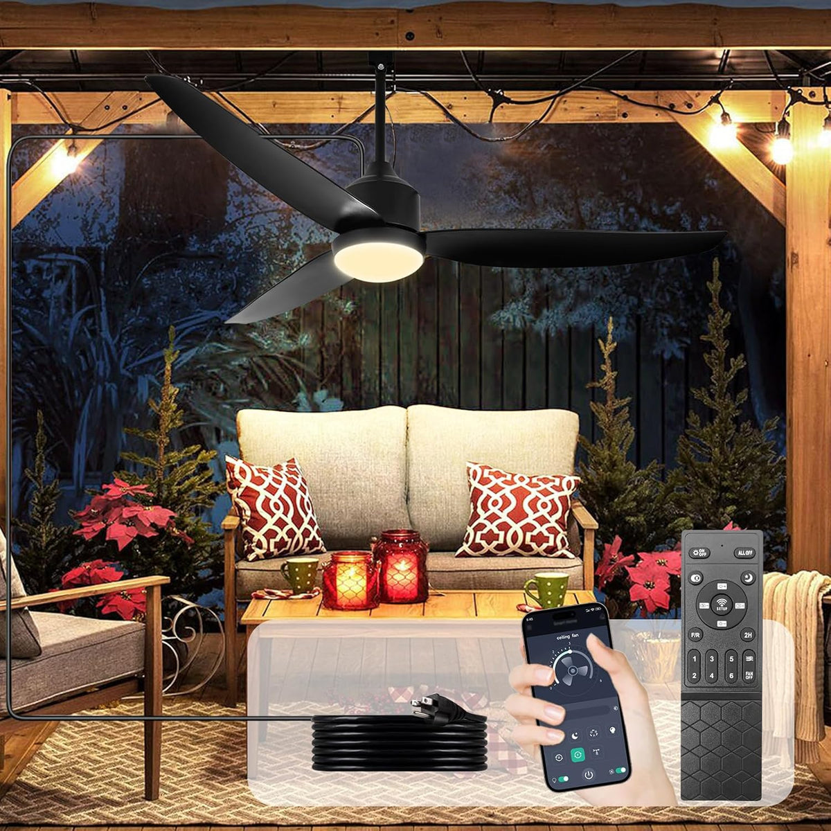 52 Inch Gazebo Fan Outdoor Hanging - Plug in Waterproof Fans with Lights for Patio - Dimmable Remote App Control Black