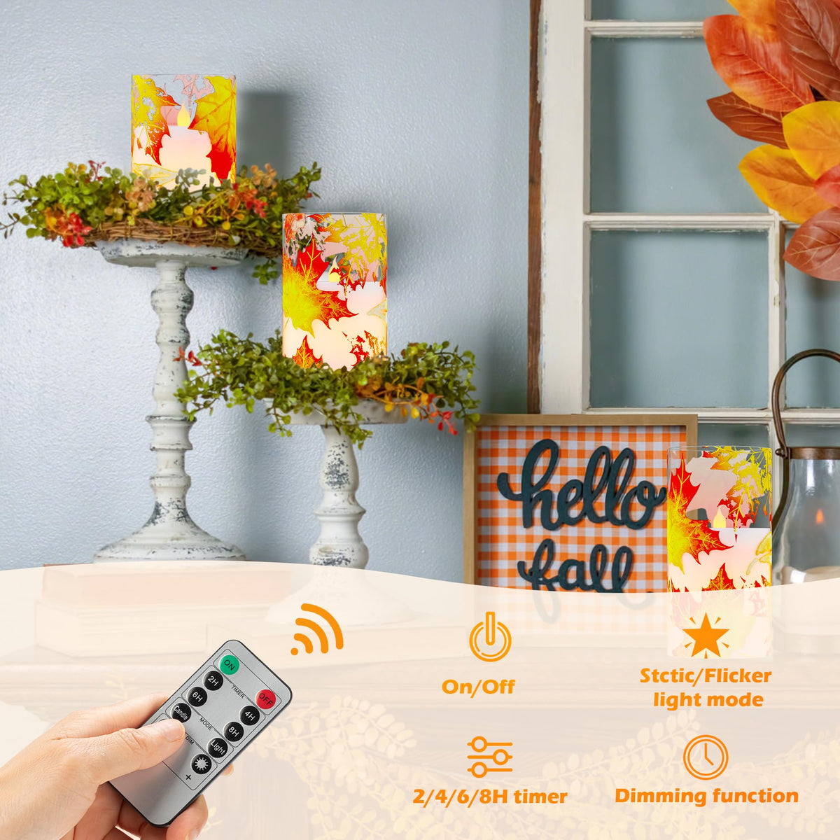 Fall Flameless Candles, Maple Leaf Battery Operated Candles with Remote