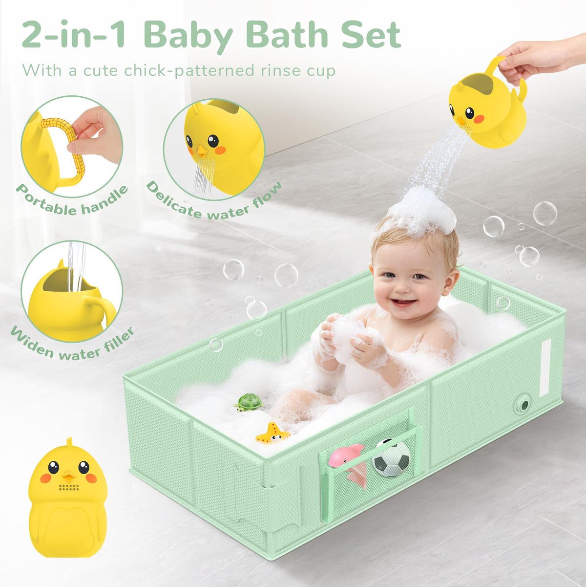 Collapsible Baby Bathtub, Foldable Toddler Bath Tub with Chick Pattern Bath Rinse Cup, No Assembly Portable Travel