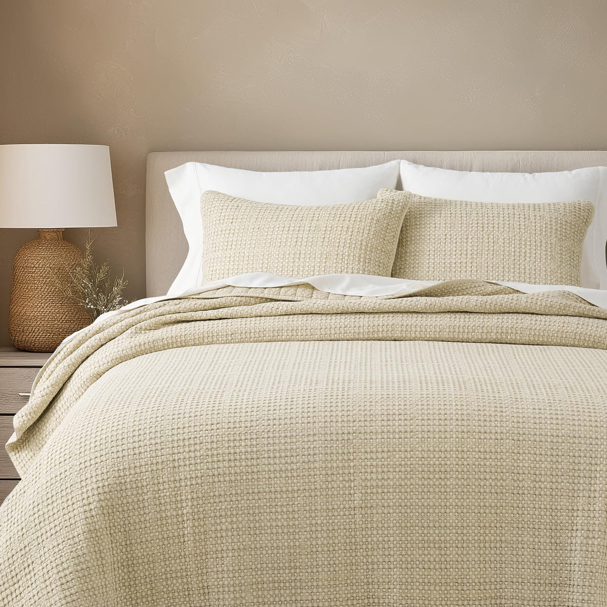 Stonewashed Cotton Waffle Quilt Set, Natural