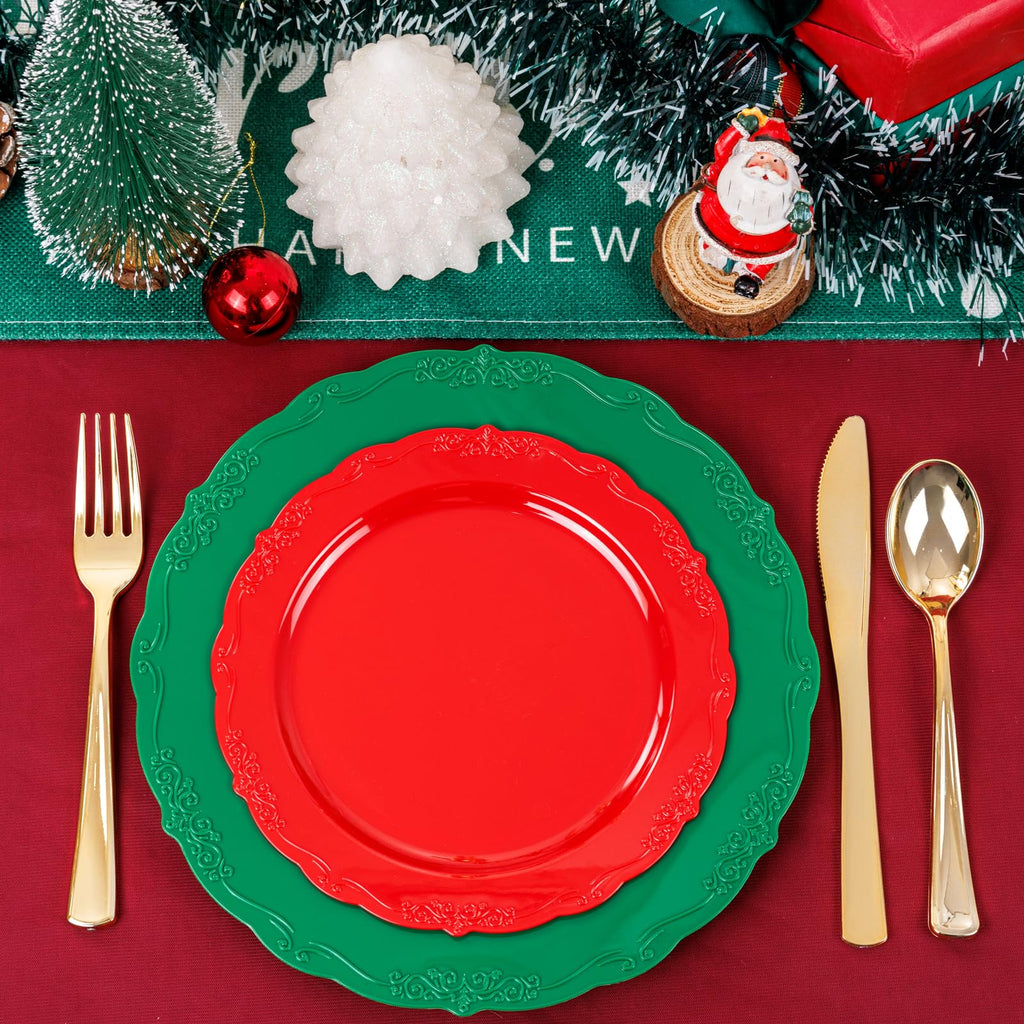 100Pcs Christmas Plastic Plates - Green and Red Plate Disposable