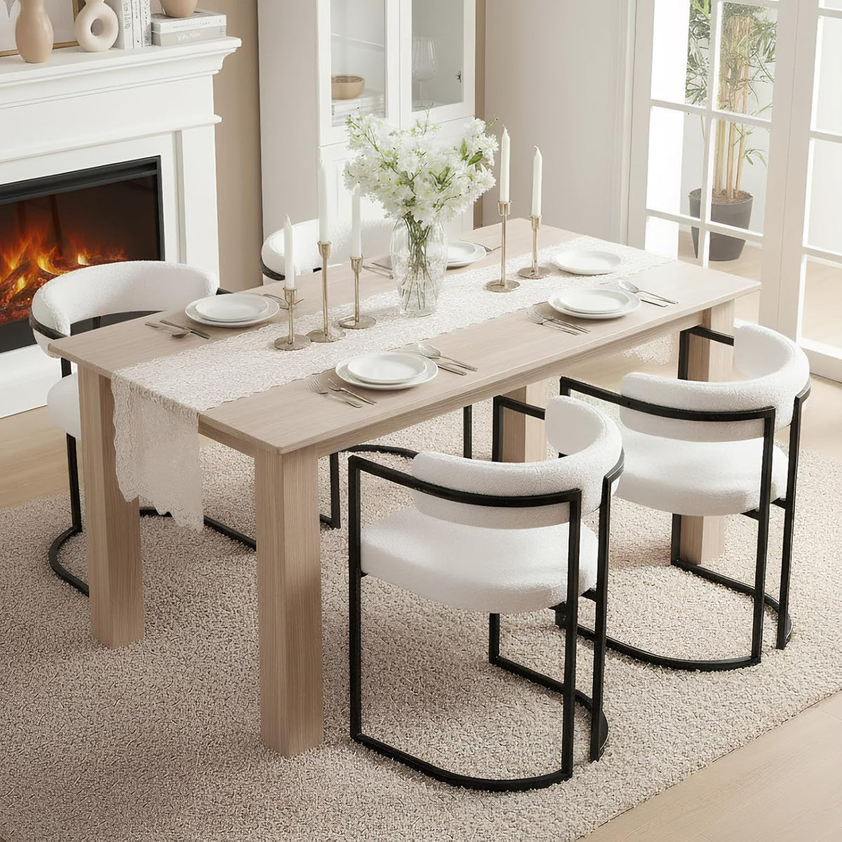 White Sherpa Dining Chairs Set of 4, Modern Boucle Barrel Dining Chairs with Comfy Back