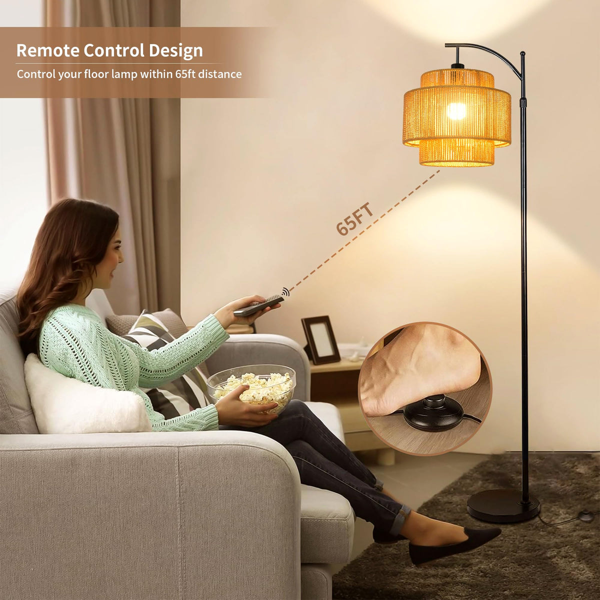 Rattan Floor Lamp Bedroom Boho Arc Standing Lamp with Remote Dimmable Black Farmhouse Wicker Bamboo Lamp Shade Floor