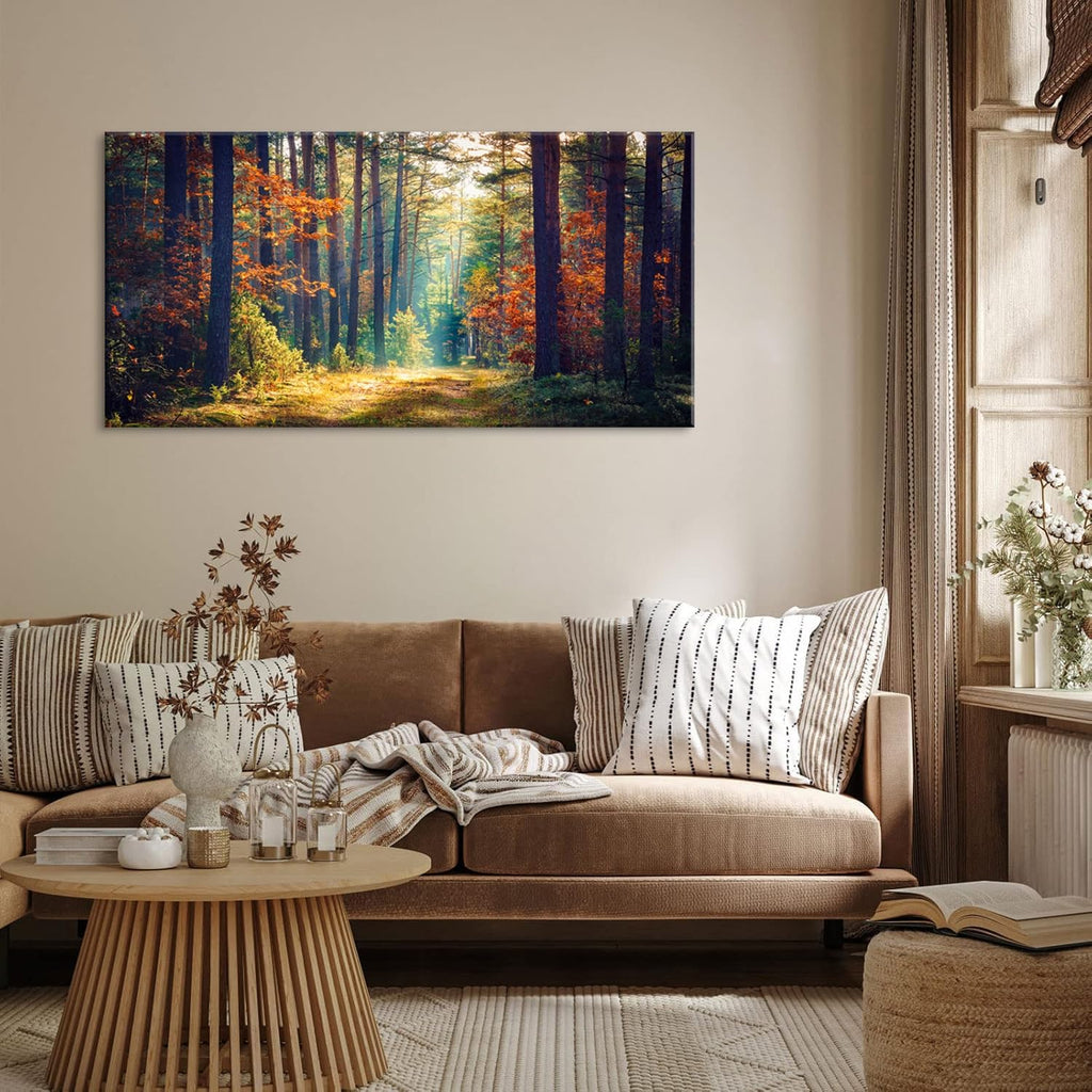 Autumn Forest Large Stretched Canvas Wall Art Bedroom Home Decoration, Mordern Morning Sunlight Wood Print Picture