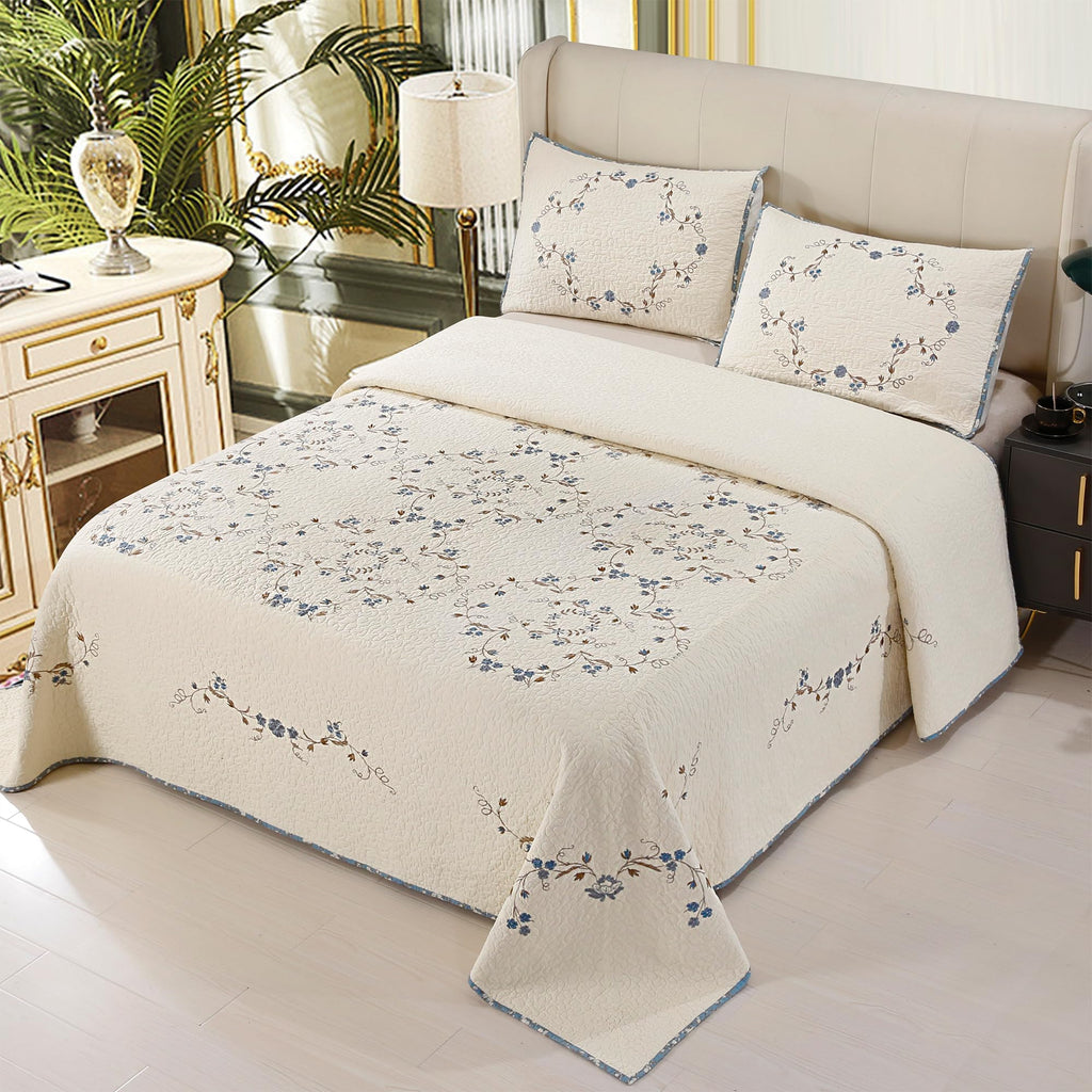 Quilt Set Blue Floral 3D Embroidery Pattern 3 PCS 100% Cotton Reversible Quilted Embroidered Decorative Bedspreads