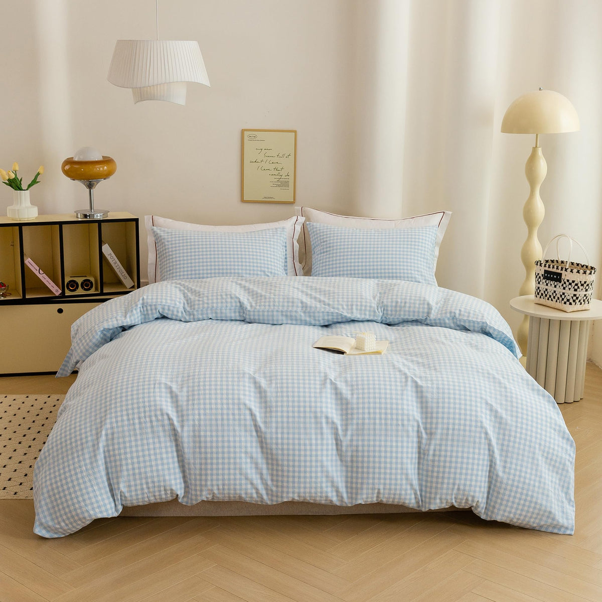 Cotton 3 Pcs Duvet Cover Set Linen Feel Blue Gingham King