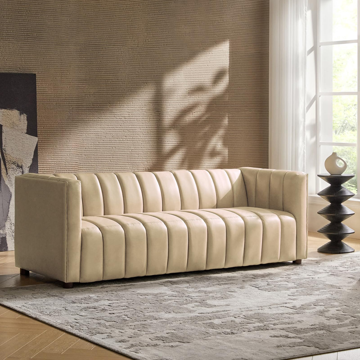 83" Genuine Leather Sofa with Channel Tufted Design, Beige