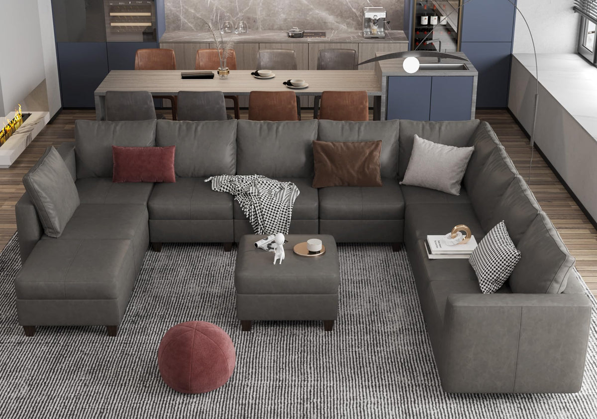 Faux Leather Sectional Couch L Shaped Sectional Sofa, Grey