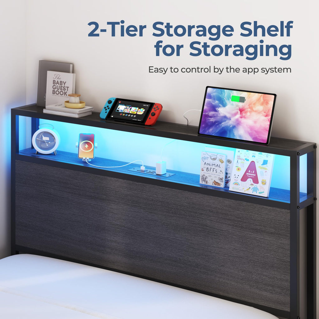 Bed Frame with 2-Tier Storage Headboard, Metal Bed Frame with 2 Storage Drawers, 3-in-1 Charging