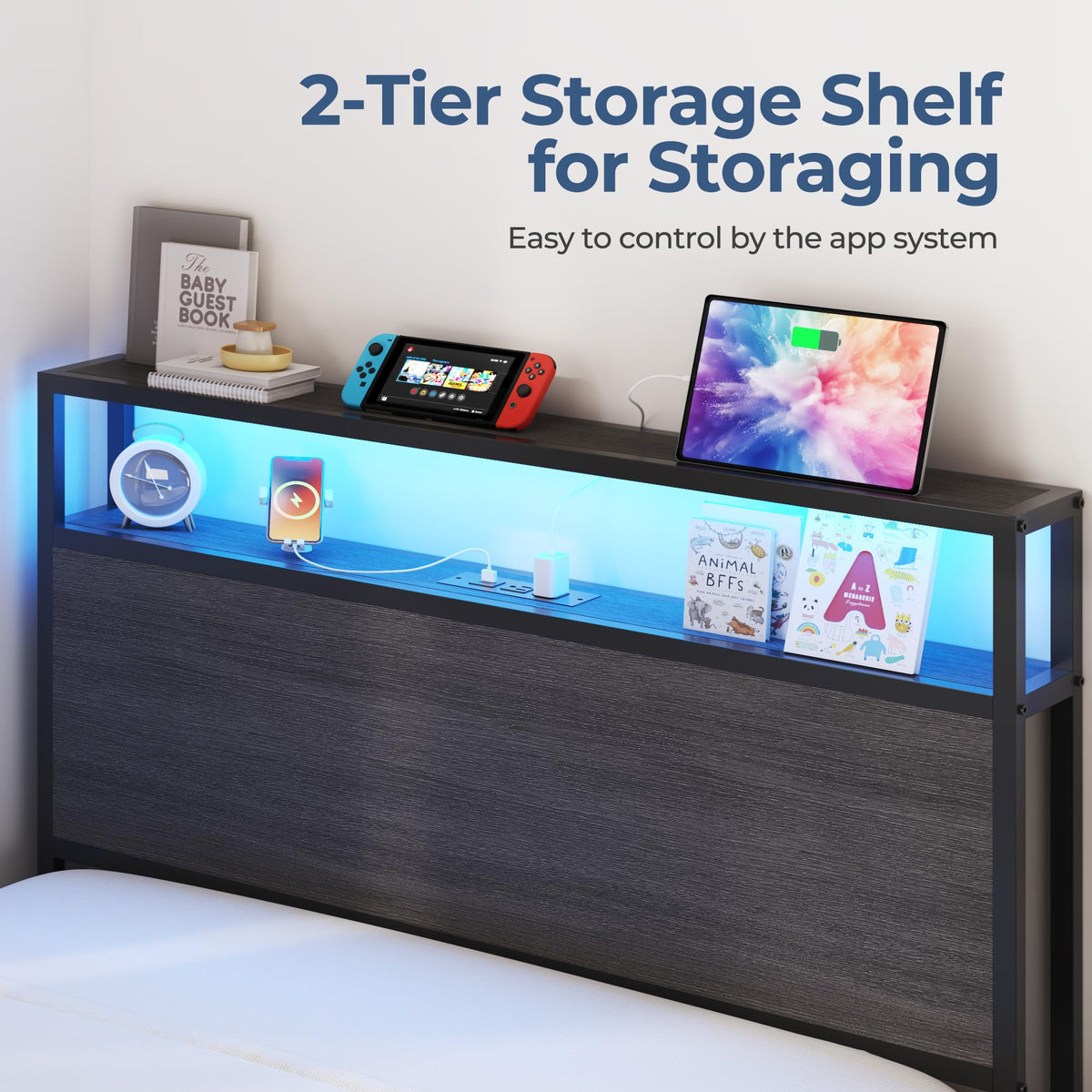Bed Frame with 2-Tier Storage Headboard, Metal Bed Frame with 2 Storage Drawers, 3-in-1 Charging