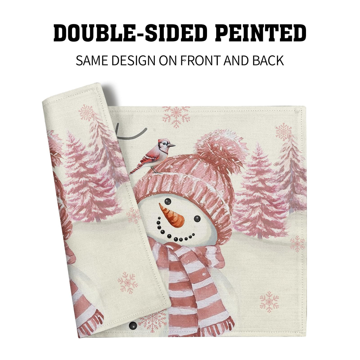 4PCs Pink Snowman Placemats 12x18 Inch Winter Pink Trees Bird Snowflake Decorative Place Mat Christmas Xmas Seasonal