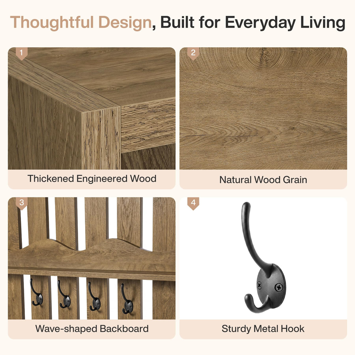 Farmhouse Hall Tree with Bench and Shoe Storage, Rustic Brown