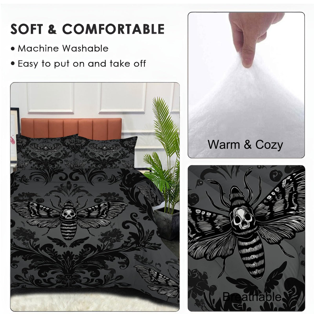 Comforter Set, 3 Pcs Fantasy Moth Comforter with Gothic Brocade Pattern, Reversible Deep Black Comforters, Soft