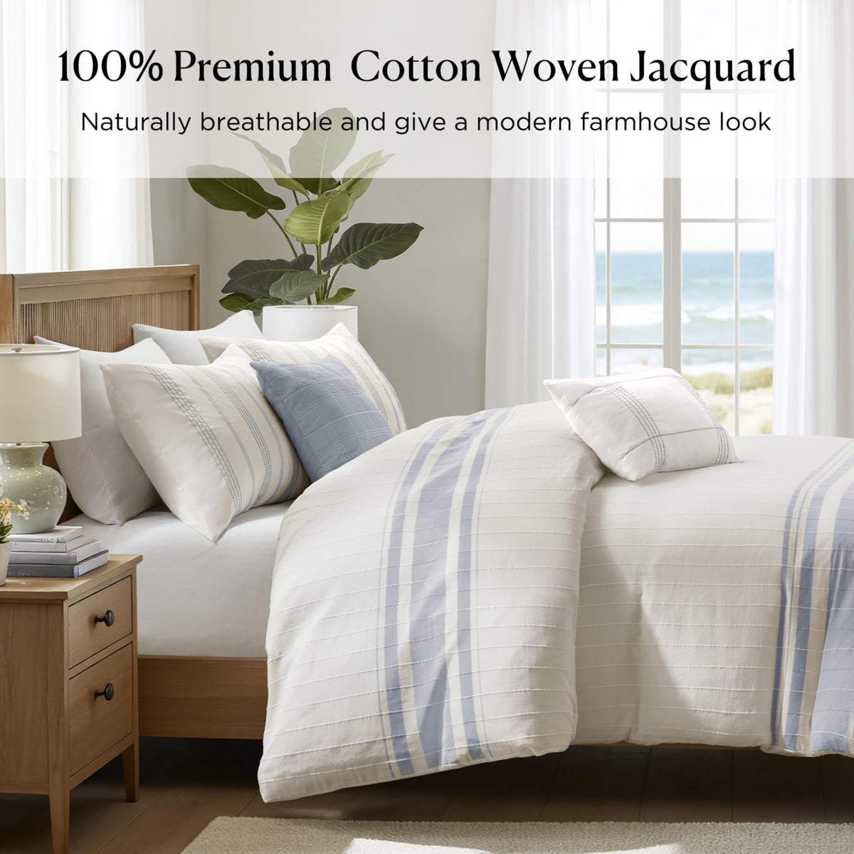 Duvet Cover Set, Stripes Clipped Jacquard, Cotton Oversized Duvet Cover for a -Size Bed, Farmhouse Bedding