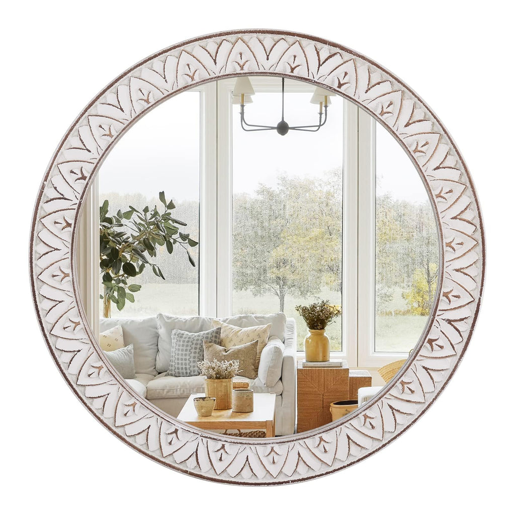 24" Round Mirror Farmhouse Wooden Frame Circle Mirrors, Rustic Decorative Distressed Wall Mounted Mirror, Fireplace