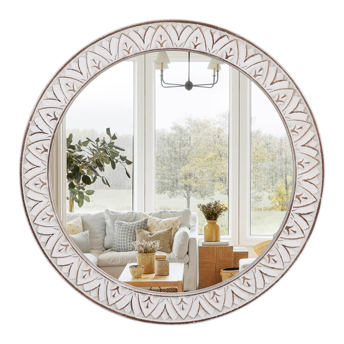 24" Round Mirror Farmhouse Wooden Frame Circle Mirrors, Rustic Decorative Distressed Wall Mounted Mirror, Fireplace