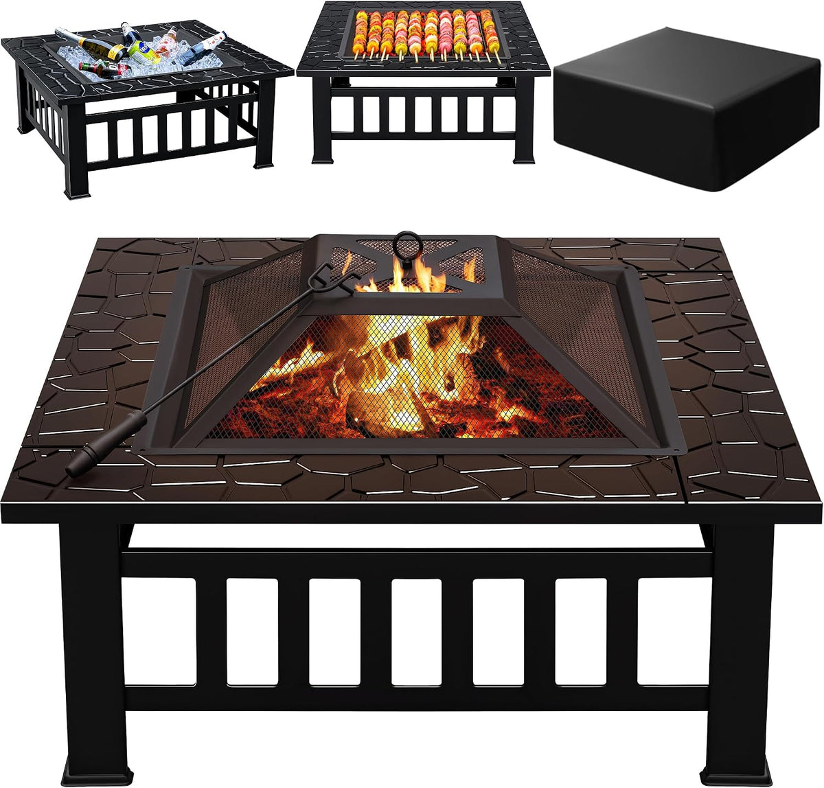 32-Inch Square Metal Fire Pit Table for Fires, Grilling, and Patio Use