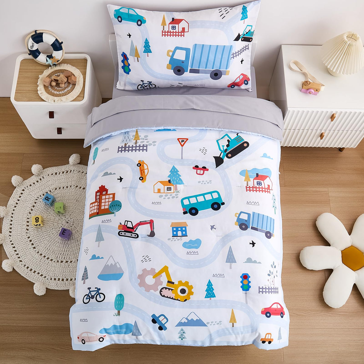 4-Piece Cars Toddler Bedding Set for Boys Girls- Soft & Skin Friendly Toddler Bed Set Includes Toddler Comforter