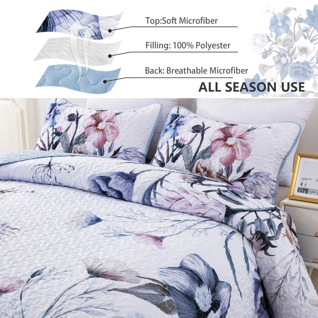 Floral Quilt Set 3 Pieces Light Blue Floral Quilt Coverlet Set